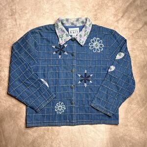 Vintage 90s Keren Hart Checkered Denim Jacket Crochet Collar Embroidered Boho